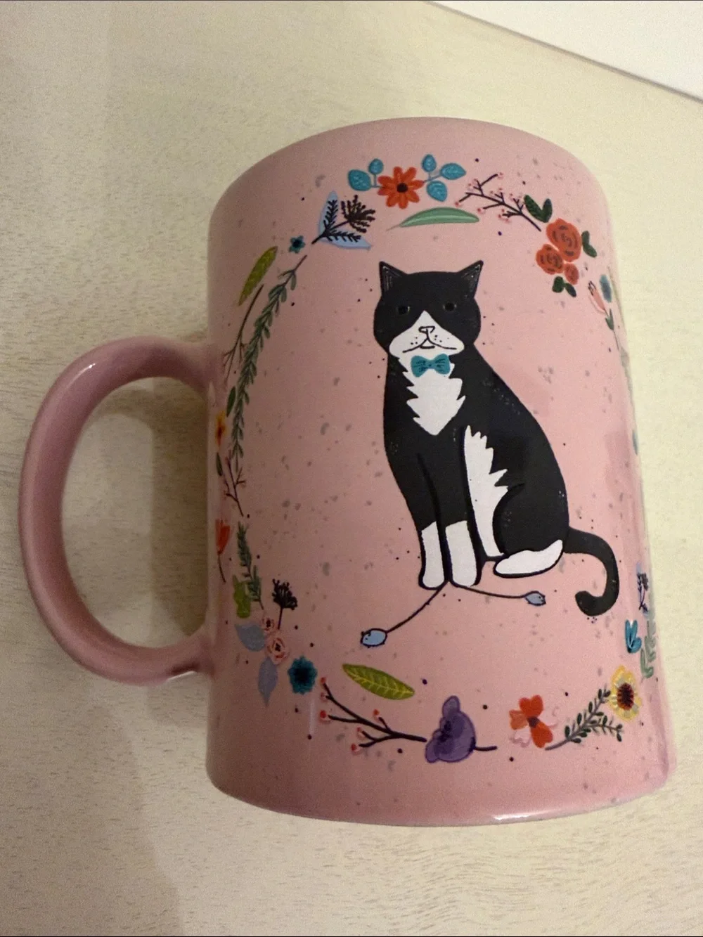 Cynthia Rowley Pink Cat Ceramic Mug with Floral Design